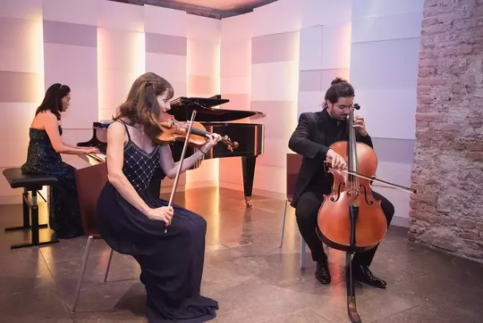 Drei&#x20;Musiker&#x20;spielen&#x20;Cello,&#x20;Geige&#x20;und&#x20;Klavier&#x20;im&#x20;Mozarthaus&#x20;Wien